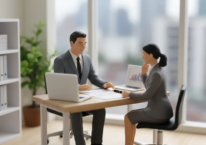 Miniaturfiguren: ein Anwalt bespricht mit einer Mandantin Unterlagen an einem Schreibtisch