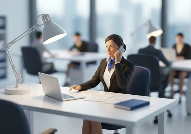 Miniaturszene: eine Mitarbeiterin telefoniert an einem Schreibtisch in einem hellen Büro