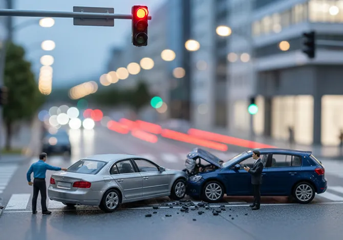Zwei Modellautos nach einem Zusammenstoß an einer Ampelkreuzung, zwei Figuren am Unfallort